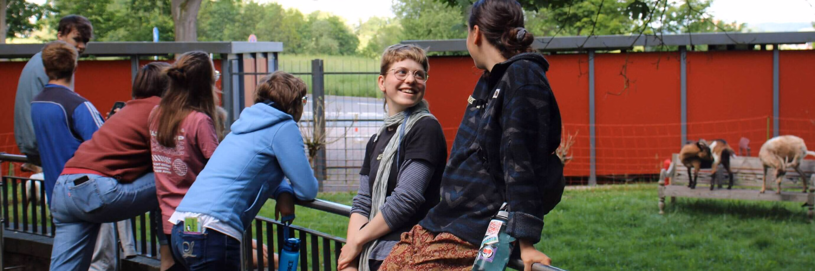 Menschen unterhalten sich am Zaun, Ziegen im Hintergrund.