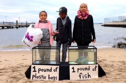 Kinder am Strand mit Plastik und Fischtank