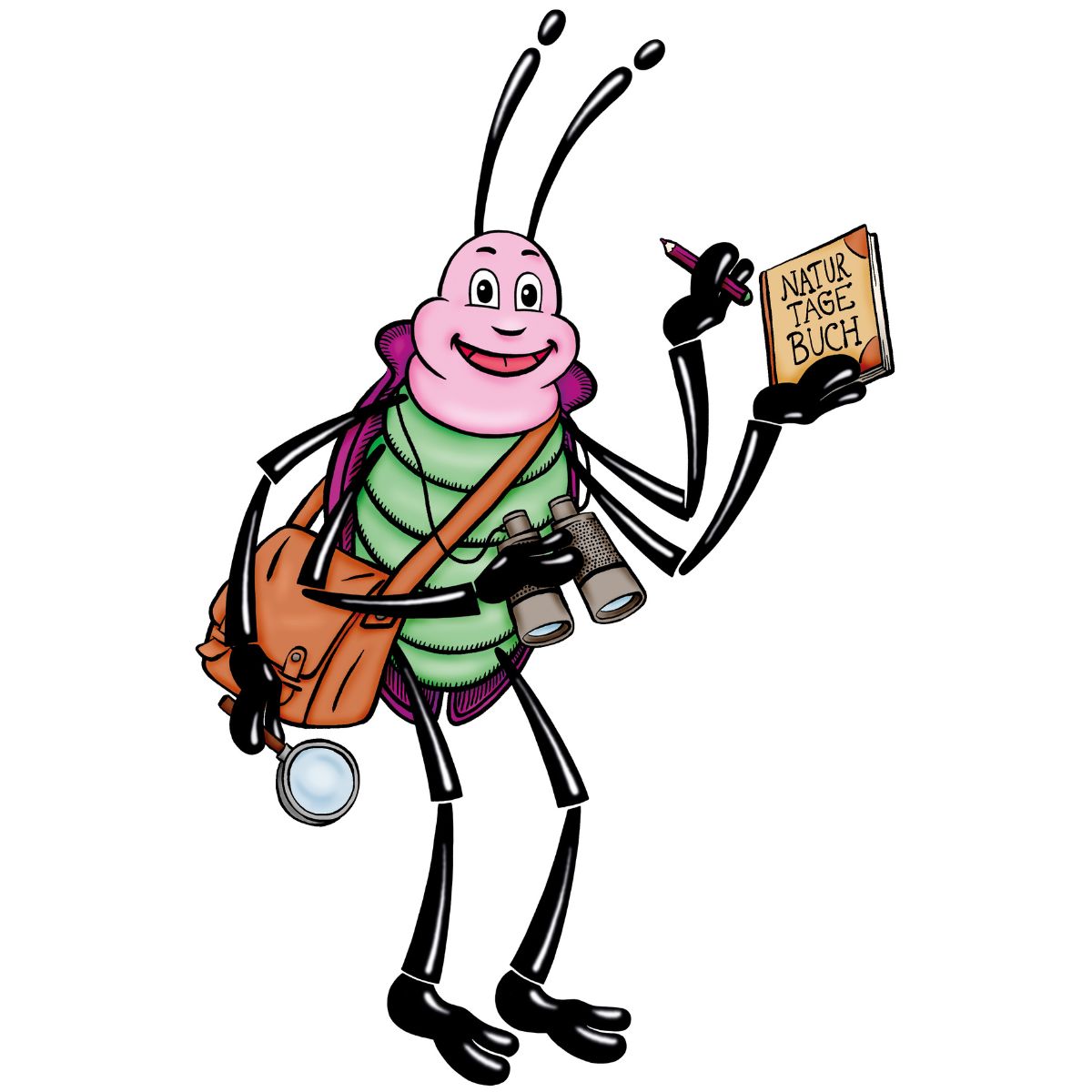 Fröhlicher Insektenforscher mit Notizbuch und Fernglas